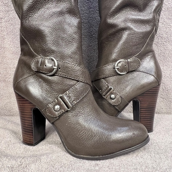 Nine West Millicento Pebbled Leather Heel Full Zip Buckle Knee Boots 10M Brown - Picture 12 of 14